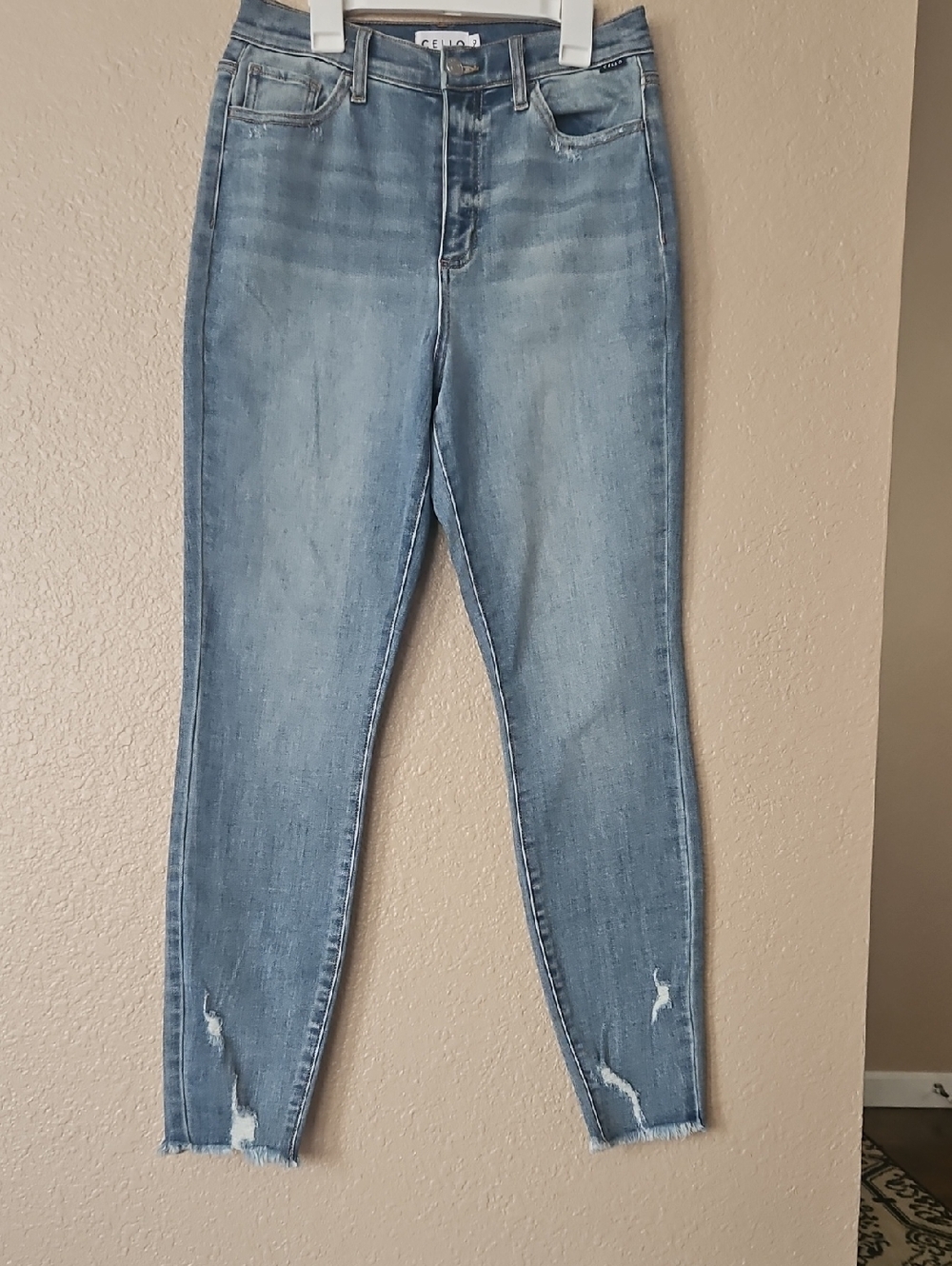 Cello Light Wash Skinny Jeggings with Hem Distress
